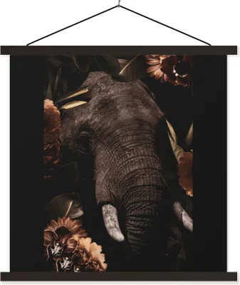 Produktbild von MuchoWow® Textilposter Elefant - Blumen - Porträt 120x120 cm mit schwarzem Rahmen - Aufhängungsset