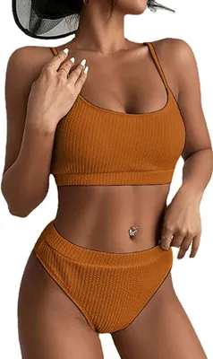 Produktbild von Damen Bikini Set Push Up Gerippt Tanga Hohe Taille Bauchweg Zweiteiliger Badeanzug für Damen y Swimsuit Strandmode Bademode Einfarbig Beachwear Badebekleidung