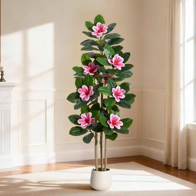 Image de Magnolia artificielle, 150 cm - Rose - Plante d'intérieur réaliste pour la maison, le bureau et la terrasse, ne nécessitant aucun entretien