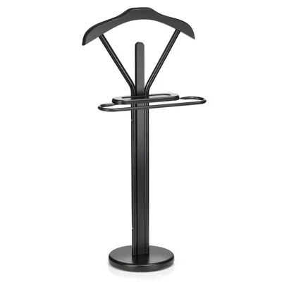 Produktbild von Herrendiener MATTEO aus Metall und MDF in schwarz/schwarz, Stummer Diener mit Ablage und Bügelteil, praktische Kleideraufbewahrung für Anzüge und Hemden