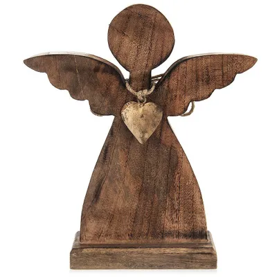 Produktbild von Orion Engelfigur Engel Figur Dekofigur Holzdeko aus Holz mit goldfarbenem Herz 27x30 cm