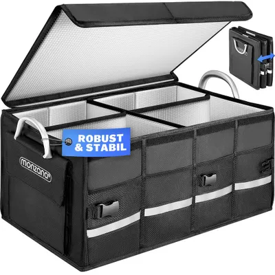Produktbild von MONZANA® Kofferraum Organizer Deckel 68L Isolierfolie Trennwände Wasserdicht Faltbar MDF Wände Rutschfest Kofferraumtasche Kofferraumbox Auto Schwarz