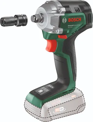 A Bosch cordless impact driver with a socket adapter shown separately.