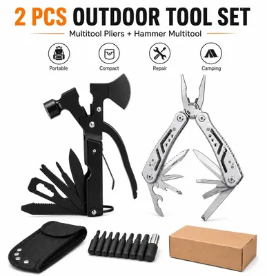 Produktbild von Multitool-Set - 2-teilig - Axt- und Zangen-Multitool - Schraubendreher-Bits - Edelstahl - Tragbar - Für Camping