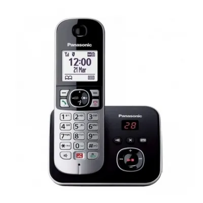 A black and gray Panasonic cordless phone with its base station, shown against a white background.