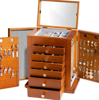 Produktbild von Famanu Schmuckbox 7-lagig - Schmuckhalter mit Spiegel - braun