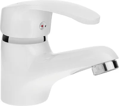 A white bathroom faucet is shown against a white background.