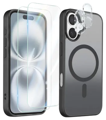 Immagine prodotto di Avizar, custodia protettiva MagSafe per iPhone 16, con 2 vetri temperati e 2 pellicole protettive per la fotocamera, colore nero