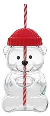 Produktbild von Bären-Strohbecher, 590 ml, süßes klares Glas mit rotem Deckel für Kaffee, Milch, Tee, heiße und kalte Getränke