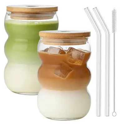 Immagine prodotto di Set di 2 bicchieri in vetro borosilicato da 550 ml ciascuno, con coperchio e cannucce, trasparenti
