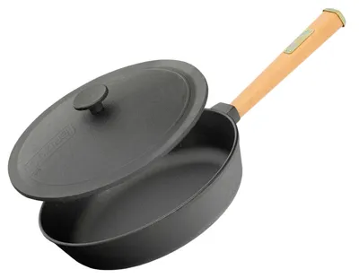 Produktbild von Ø22cm 43mm hoch Gusseisenpfanne mit Holzgriff und Gusseisen Deckel Induktion Bratpfanne