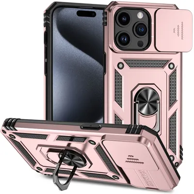 Immagine prodotto di Custodia per iPhone 15 Pro a doppio strato con cover fotocamera scorrevole e supporto ad anello Oro rosa