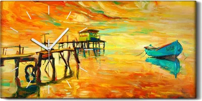 Produktbild von Dekor Leinwand Uhr Wandbilder 60x30 Gemälde See Hafen Boot Himmel Kunst - weiße Hände