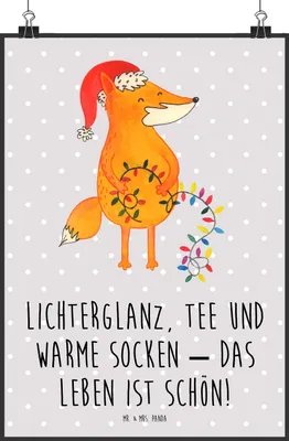 Produktbild von Mr. & Mrs. Panda Bild Fuchs Weihnachten DIN A2 - Grau Pastell - Geschenk, wanddeko, Heiligabend, Weihnachtsmann, Wandbild, kunstdruck poster, drucke, Plakat, Nikolaus