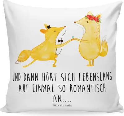Produktbild von Mr. & Mrs. Panda Kissen 40x40 Füchse Hochzeit - Weiß - Geschenk, Polster, kuschelkissen, Hochzeitskarte, bedruckt, Kuschel, Sofakissen