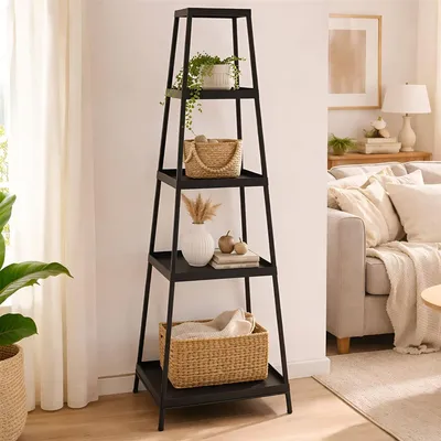 Produktbild von Steckregal "Industrial" aus Metall, schwarz, Pyramide mit 4 Ebenen, Metallregal, Standregal für Wohnzimmer, Schlafzimmer, Deko, Stufenregal