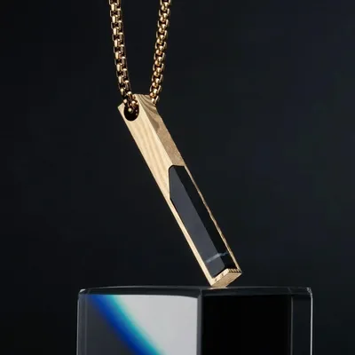 Holzkern Herren-Kette Edelstahl Campania Schwarzer Marmor/Damast Goldfarben 1