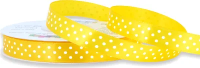 Einseitig glänzendes, weiß gepunktetes gelbes Satinband auf Rolle. Perfekt für Bastelprojekte und Geschenkverpackungen