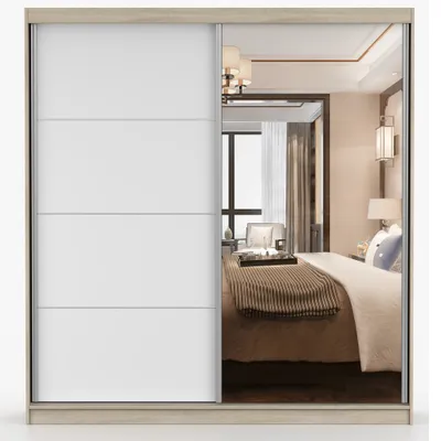 Produktbild von Schwebetürenschrank Kleiderschrank Schrank 203cm Sonoma/Weiß matt mit Spiegel und Zierleisten Pola 42 B