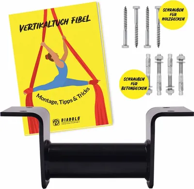 A flat lay of aerial silks equipment, including a manual, mounting hardware, and a black bracket.