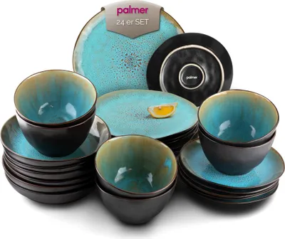 Palmer Geschirrset LOTUS 6 Personen, modernes Tafelservice 24-teilig, hochwertiges Kombiservice aus Steingut, Spülmaschinengeeignet, Ofen- & Mikrowellenfest