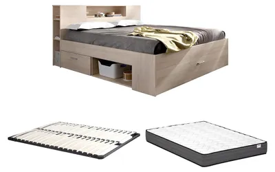 Produktbild von Bett mit Kopfteil, Stauraum & Schubladen + Lattenrost + Matratze - 160 x 200 cm - Holzfarben - LEANDRE