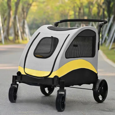 Image de FATIVO Poussette pour chien grande capacité pliable pour grands chiens jusqu’à 42 kg, 4 roues, 3 fenêtres en maille, poignée réglable
