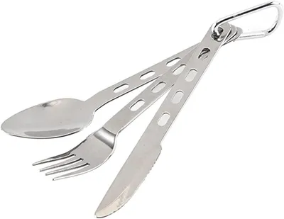 Produktbild von Camping Besteckset 3-teilig, leichtes Edelstahl, mit Karabinerhaken, fuer Reisen