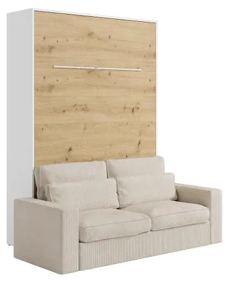 Produktbild von Schrankbett 140 x 190 cm – Manuelle vertikale Ausklappfunktion – Mit LED-Beleuchtung – Weiß und Naturholz + Sofa – RAPILI