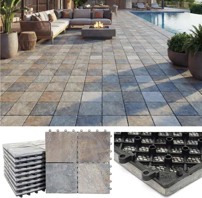 Produktbild von Steinfliese HWC-E18, Bodenfliese Steckfliese Balkon/Terrasse Naturstein, 11x je 30x30cm = 1m²  Granit bunt