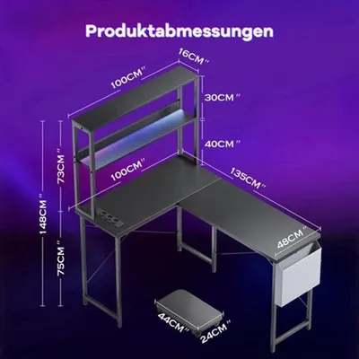 Image de Bureau de jeu en forme de L - Éclairage LED - 148x135x75 cm - Structure en métal et panneaux en bois - Noir