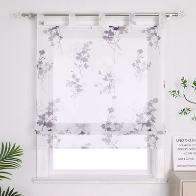 Produktbild von Joyswahl Raffrollo mit Schlaufen Küche Gardinen Raffgardine mit zweifarbigen Blumenmustern Landhausstil Transparent Lila-Weiß BxH: 100x140 cm