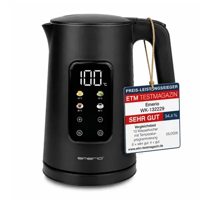 Productafbeelding van Emerio Waterkoker WK-132229 – 1,7 Liter – 2200 W – Instelbare Temperatuur – Touchbediening – 360° Draaibaar – Warmhoudfunctie – Zwart