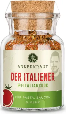 A glass jar of spice blend with a cork stopper, labeled with brand and product information.