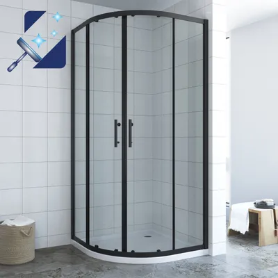 A modern shower enclosure in a bathroom setting.