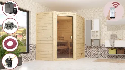 Produktbild von Karibu Sauna Innensauna Heimsauna MILA 4 Sparset 196x146 cm inkl. 9kw Ofen mit HUUM Wifi (App fähig) Steuerung