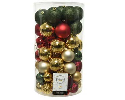 Imagen del producto de Adornos navideños de plástico, surtido de colores rojo, verde y dorado, de 4 a 8 cm, juego de 100 unidades