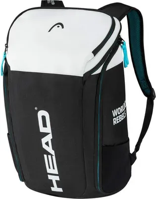 A black and white backpack with blue accents.