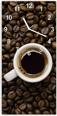 Produktbild von Wanduhr aus Glas mit Motiv Kaffeebohnen und Tassen- 30 x 60 cm - inkl. Aufhängesystem