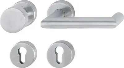A set of door hardware, including a lever handle, a round knob, and two keyhole escutcheons, arranged on a white background.