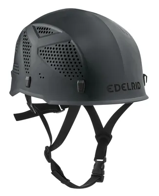 Schwarzer Kletterhelm von Edelrid mit Belüftungsöffnungen und verstellbarem Kinnriemen.