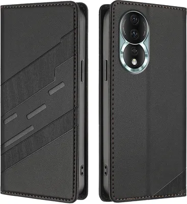 Image de Etui pour Honor 80, étui portefeuille en cuirPolyuréthaneavec fente pour cartes et fonction stand Schwarz