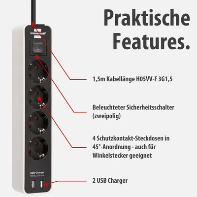 Produktbild von Brennenstuhl Ecolor, 1,5 m, Drinnen, Typ F, Type F (CEE 7/4), IP20, Schwarz, Weiß