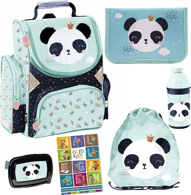 Produktbild von 6er Set Schulranzen Ranzen Tornister Schulrucksack Federmappe Turnbeutel Turnsack Brotdose Trinkflasche Aufgabenheft Panda Motiv ab 1 Klasse
