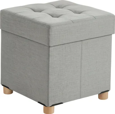 Zdjęcie produktu dla Taboret Relaxdays z schowkiem, tapicerowany, wys. x szer. x gł.: 38 x 38 x 38 cm, imitacja lnu, drewniane nogi, taboret prostokątny, jasnoszary