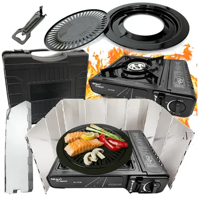 Produktbild von Gaskocher - Tragbarer Campingkocher - Schwarz - für Kartusche - mit Transportkoffer und Grillaufsatz - Windschutz