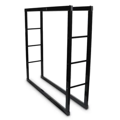 A black metal firewood rack is shown against a white background.