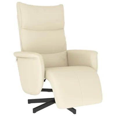 A cream-colored recliner chair with a footrest extended, shown from a three-quarter angle against a white background.