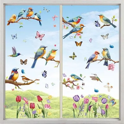 Productafbeelding van Lente Raamstickers met Bloemen, Vogels en Vlinders - Zelfklevende Raamafbeeldingen voor Kinderkamer Decoratie
