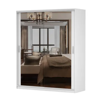 Image de Armoire à portes coulissantes TOKYO M, armoire de chambre à coucher 180 cm blanc/blanc avec miroir, poignées en PVC couleur aluminium